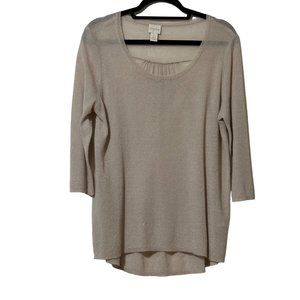 Chico’s size 2 (L/12) semi sheer beige with gold threads  3/4 sleeve top